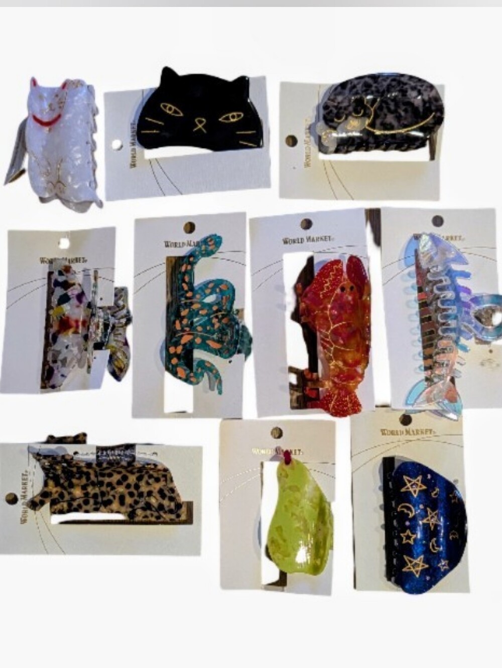 World Market Animal Themed Full Size Claw Clips; 10 Resin Cats, Snake, Fish, Etc